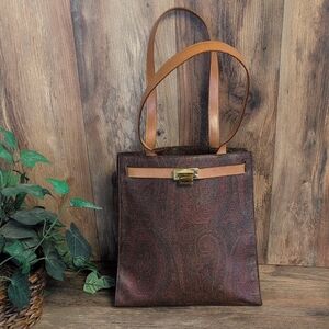 Etro Paisley Coated Canvas Vachetta Leather Laptop Briefcase Shoulder Bag